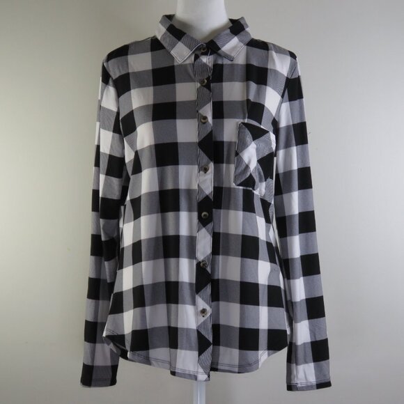 NWT No Comment Black & White Checkered Adjustable-Sleeves Button-Up Top Size L - Picture 2 of 9